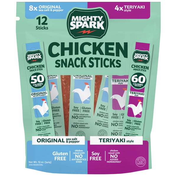 A bag of Mighty Spark Chicken Snack Sticks with eight sea salt & pepper sticks and four teriyaki sticks. The packaging highlights that the snacks are gluten free and soy free.