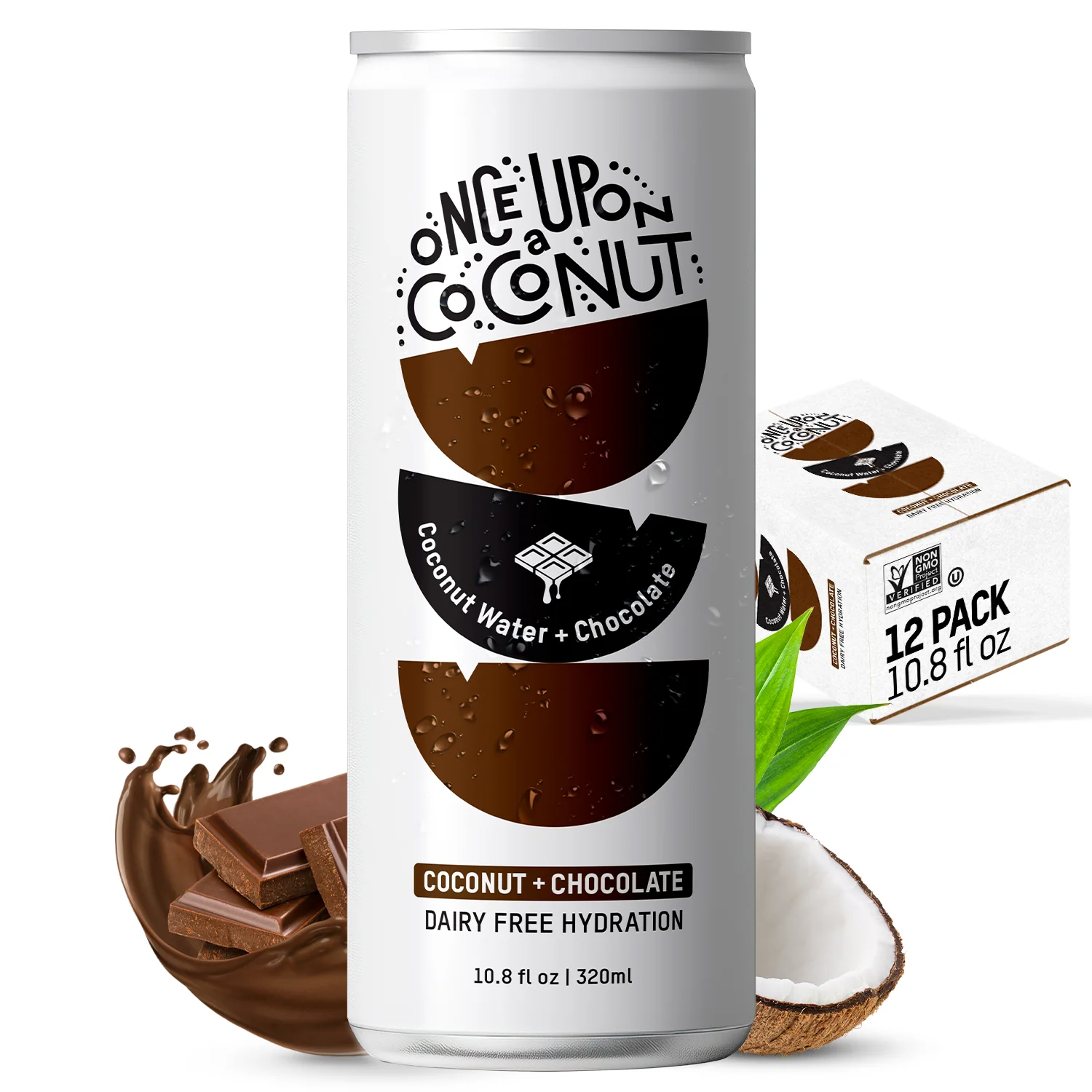 A can of Once Upon a Coconut coconut water with chocolate flavor, surrounded by chocolate pieces, coconut, and a box showing it’s a 12 pack. The can label highlights “Dairy Free Hydration.”