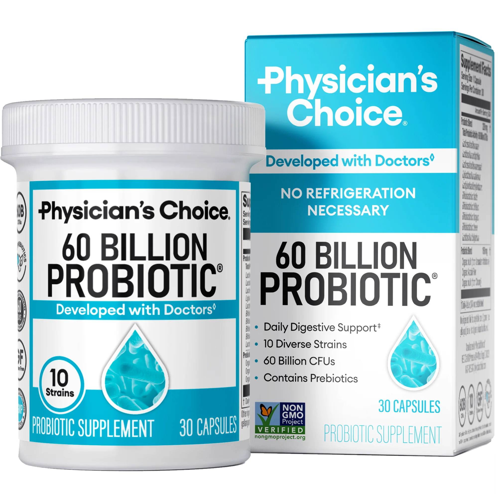 Physician’s Choice 60 Billion Probiotic container and box. The packaging highlights 10 diverse strains, 60 billion CFUs, daily digestive support, and prebiotics. Non-GMO verified, 30 capsules per bottle.