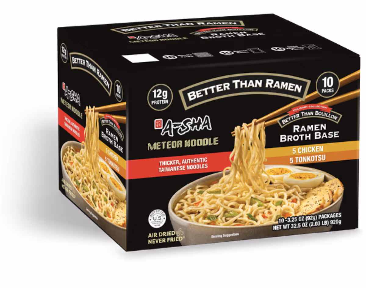 A 10-pack box of Asha Meteor Noodle with Better Than Bouillon Ramen Broth Base, featuring chicken and tonkotsu flavors. The packaging shows a bowl of ramen with chopsticks lifting noodles.