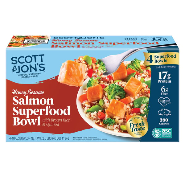 Box of Scott & Jon’s Honey Sesame Salmon Superfood Bowl, showing salmon pieces, brown rice, and vegetables. The packaging highlights protein, fiber, calories, and four bowls included. A fork holds food above the bowl.