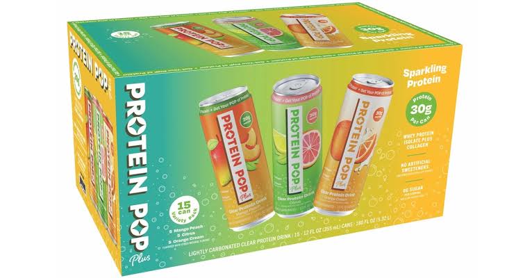 A 15-can variety pack of Protein Pop Plus sparkling protein drinks in assorted flavors, displayed on a vibrant yellow and green box with images of the cans and product details on the packaging.