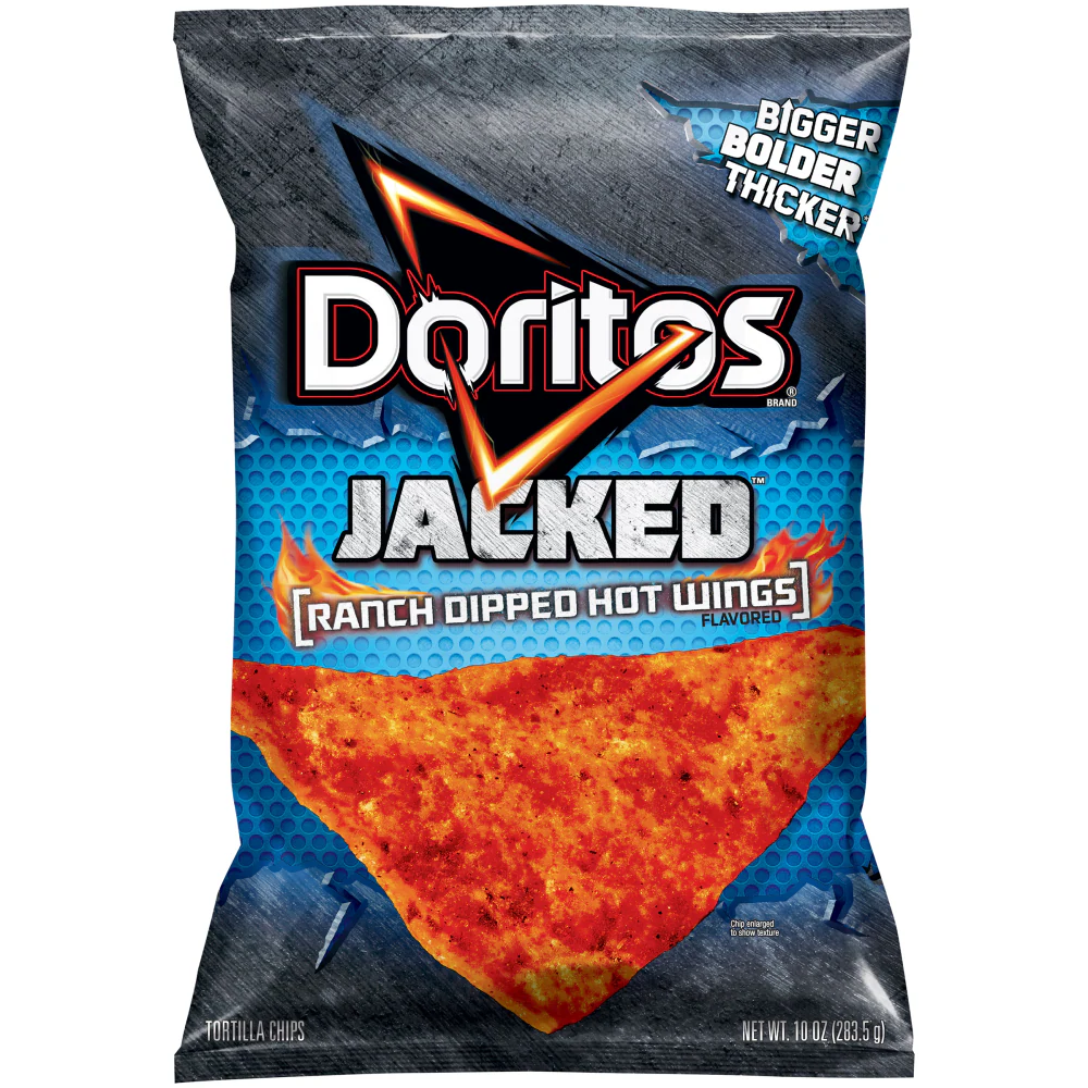 Bag of Doritos Jacked Ranch Dipped Hot Wings flavored tortilla chips, featuring a large chip and flames, with text “Bigger Bolder Thicker” at the top right.