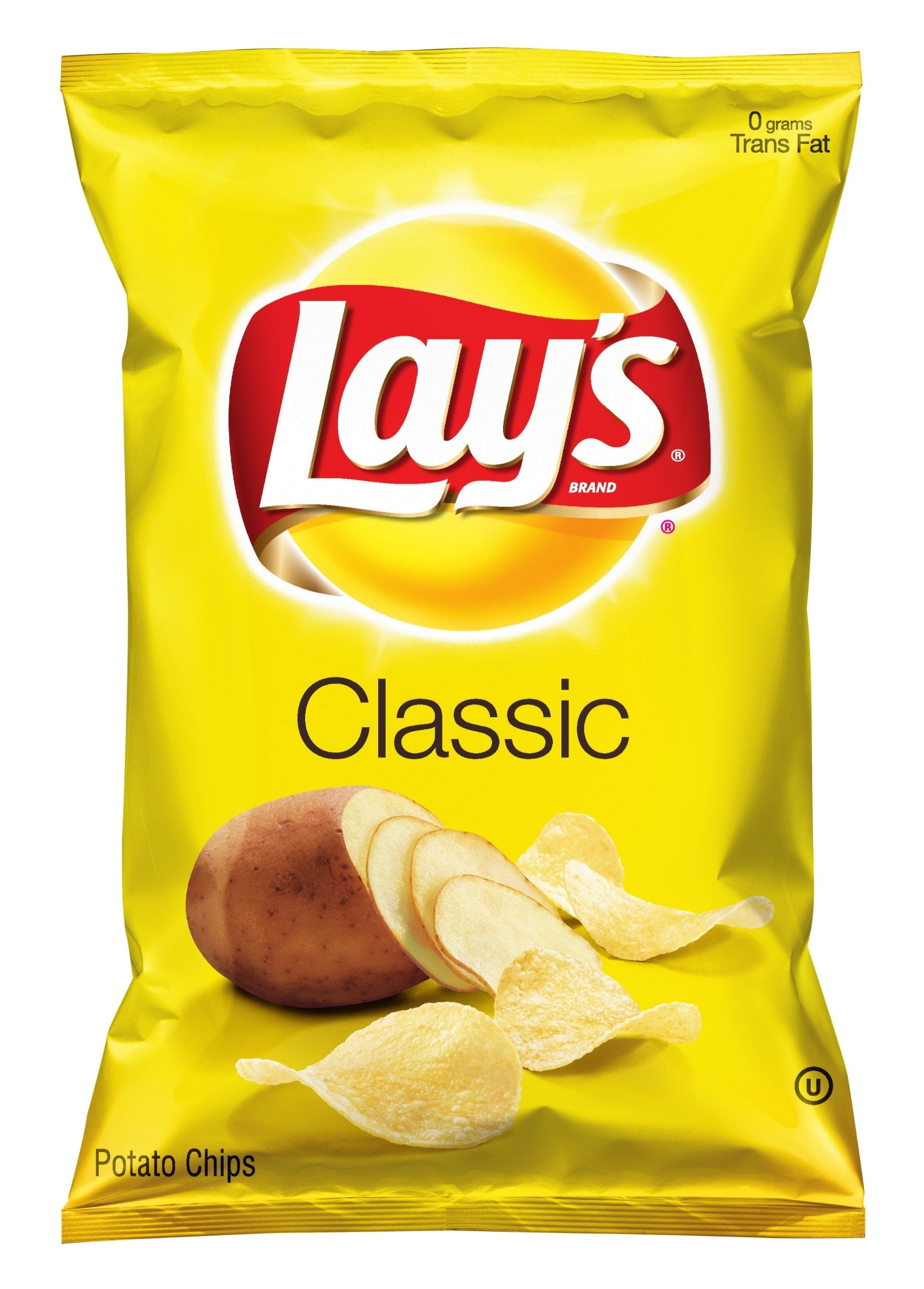 A yellow bag of Lay’s Classic potato chips featuring the Lay’s logo, sliced potato, and chips, with “Classic” written below. The bag states “0 grams Trans Fat” and “Potato Chips.”