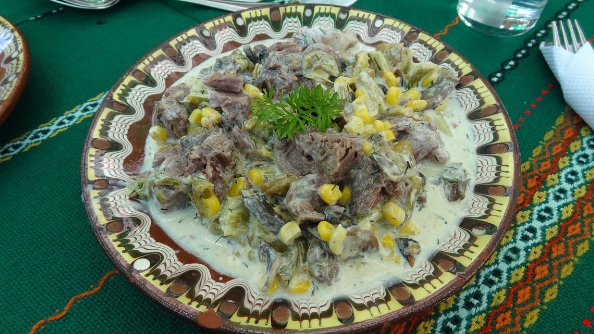 A ceramic plate holds a creamy dish with shredded meat, corn, and leafy greens, garnished with a sprig of parsley, set on a green embroidered tablecloth—an example of the amazing food people ate while on vacation.