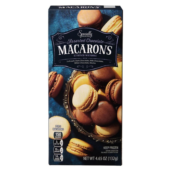 A box of Specialty Selected Assorted Chocolate French Macarons, showing chocolate and vanilla macarons on the front, labeled “Keep Frozen” with nutrition facts displayed.