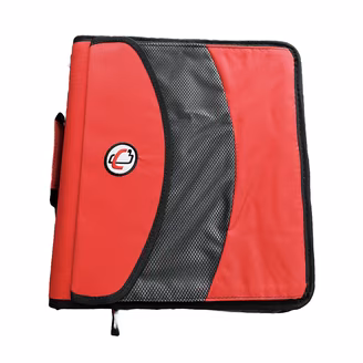 A red and black zippered binder with a handle and a small circular logo on the front cover.