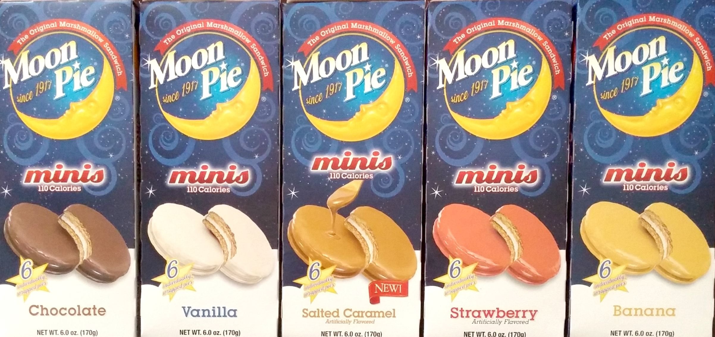 Five boxes of Moon Pie minis are shown in different flavors: Chocolate, Vanilla, Salted Caramel, Strawberry, and Banana. Each box displays an image of a mini Moon Pie and contains six pies per box.