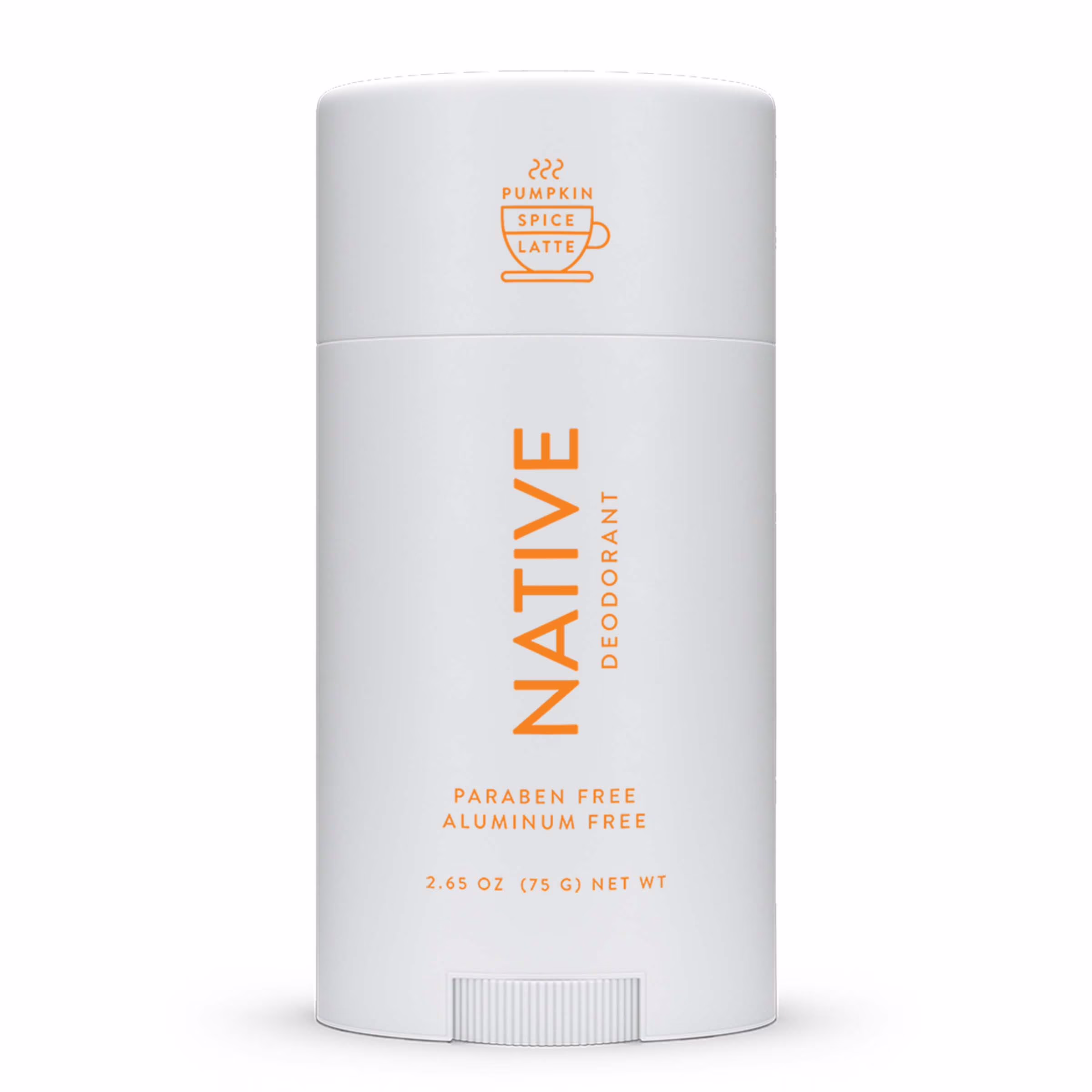 White stick of Native deodorant with orange text, labeled “Pumpkin Spice Latte.” The packaging states it is paraben free, aluminum free, and weighs 2.65 oz (75g).