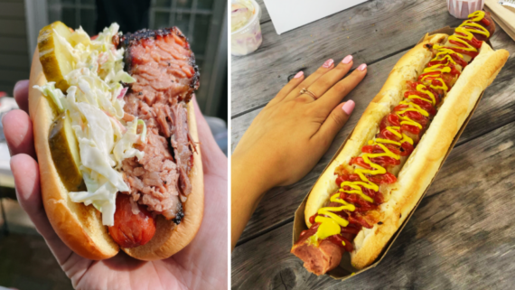 Split image: Left, a hand holds one of the most mouthwatering hot dogs, topped with coleslaw and brisket. Right, a long hot dog piled high with ketchup and mustard sits next to a hand for scale on a wooden table.