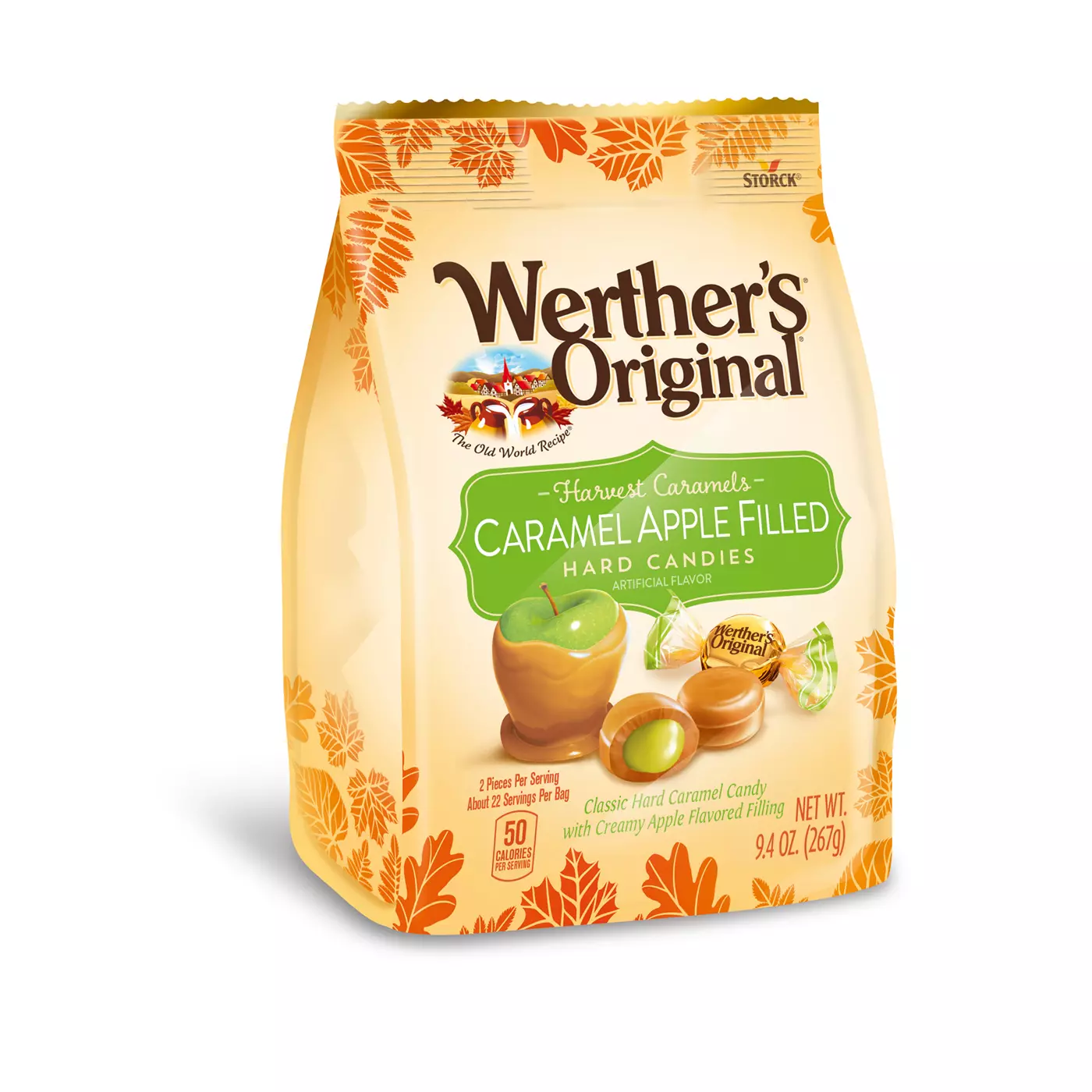 A bag of Werther’s Original Caramel Apple Filled Hard Candies, featuring caramel candies with green apple filling. The packaging is decorated with orange leaves and shows two unwrapped candies and one wrapped candy.