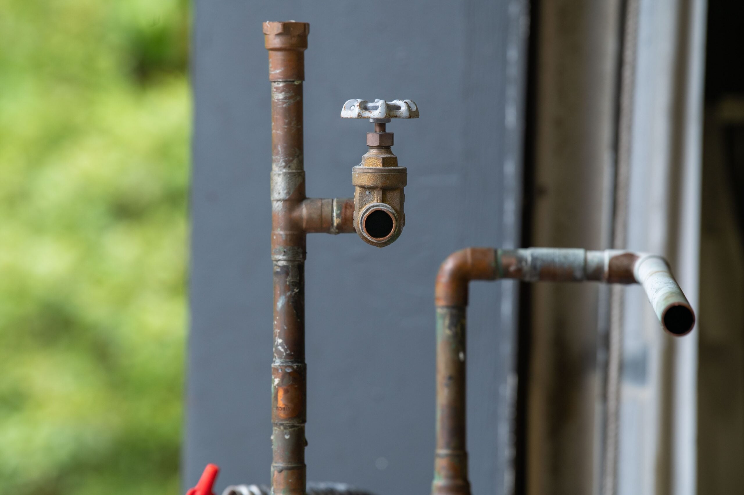 A close-up of a rusty, vertical metal pipe with a valve handle stands as a quiet testament to life in 2026 problems, against a blurred background of greenery and a gray wall. Another pipe is partially visible to the right.