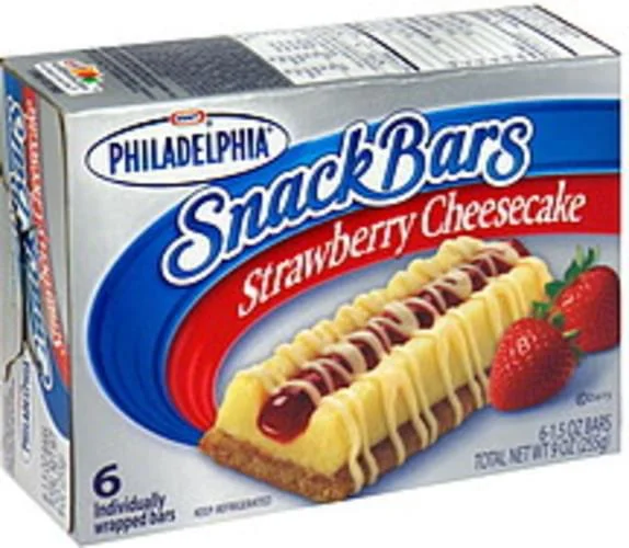 Box of Philadelphia Snack Bars, Strawberry Cheesecake flavor, with an image of a cheesecake bar topped with strawberry sauce and fresh strawberries on the front. Contains 6 individually wrapped bars.