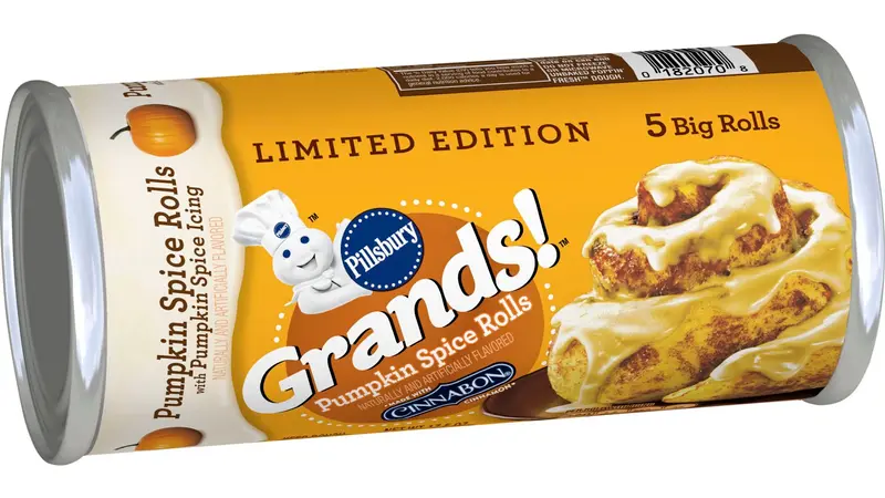 A can of Pillsbury Grands! Pumpkin Spice Rolls with pumpkin spice icing. The label shows five big rolls covered in icing and the Pillsbury Doughboy. The package is labeled “Limited Edition.”