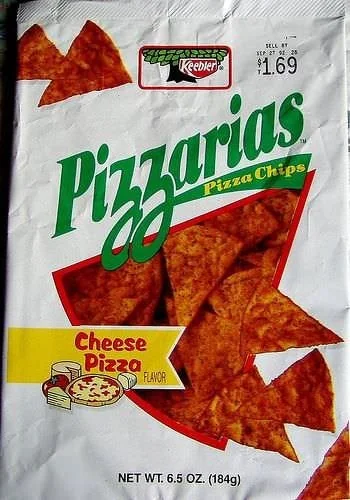 A bag of Keebler Pizzarias Pizza Chips, Cheese Pizza flavor. The bag is white with images of triangular chips and a pizza graphic. Price tag reads $1.69, and the weight is 6.5 oz (184g).
