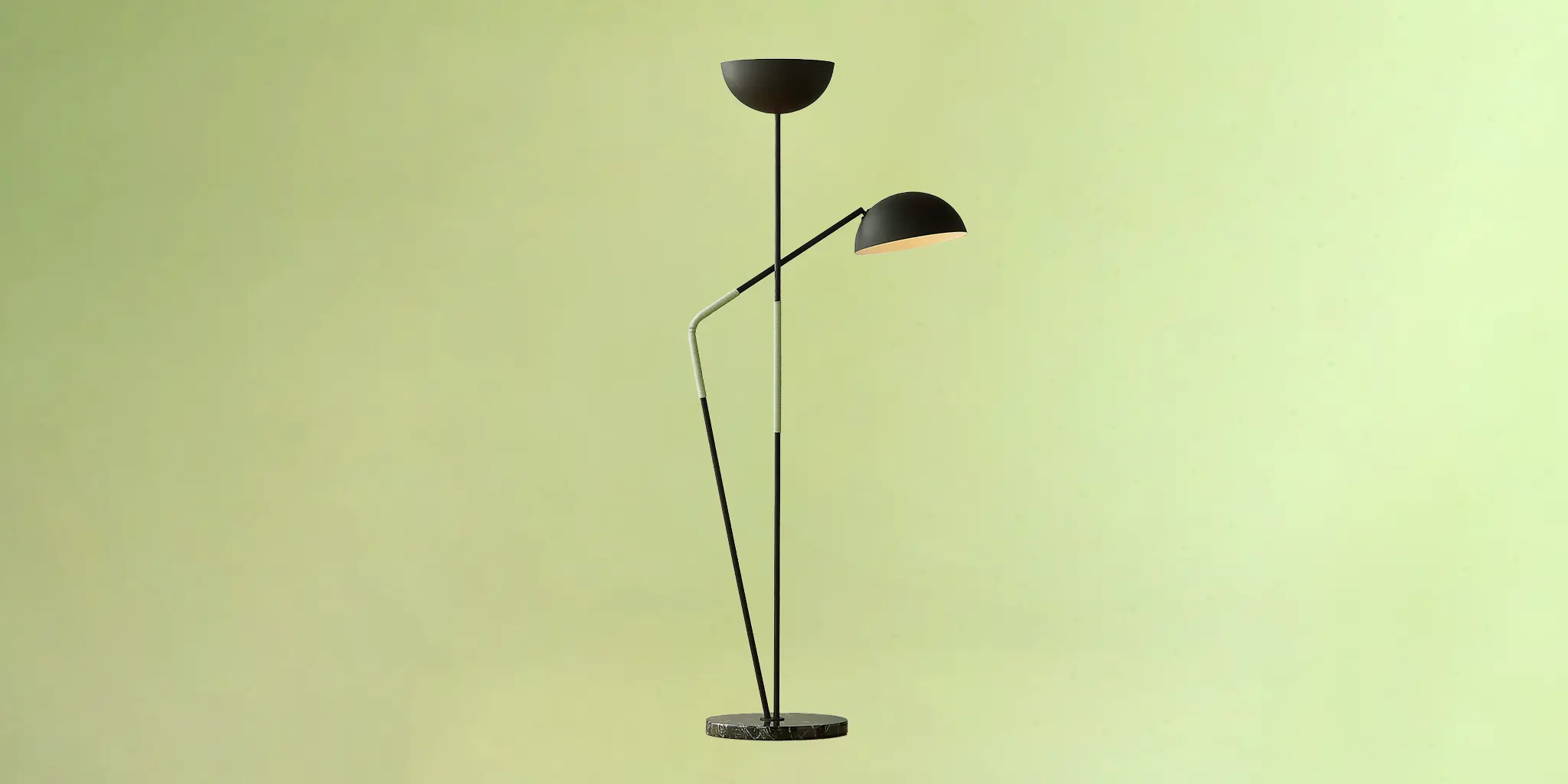 A modern black floor lamp with two shades on different angled arms, standing on a round base, is set against a plain light green background.