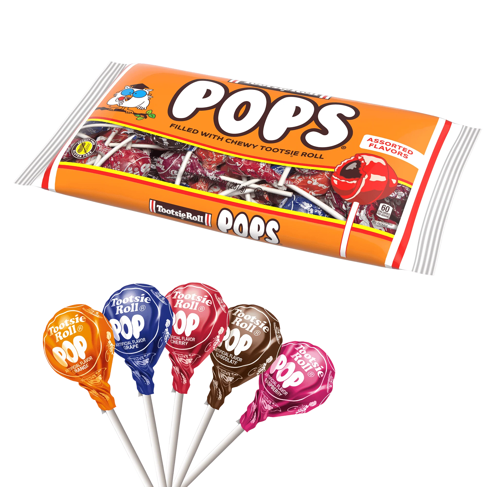 A bag of Tootsie Pops in assorted flavors sits above five unwrapped Tootsie Pops in orange, blue, red, brown, and purple wrappers, each on a white stick, against a white background.