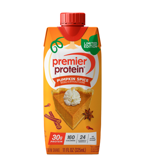Premier Protein Pumpkin Spice limited edition protein shake, 11 fl oz carton, featuring a slice of pumpkin pie with whipped cream, cinnamon sticks, and product nutrition details on the front.