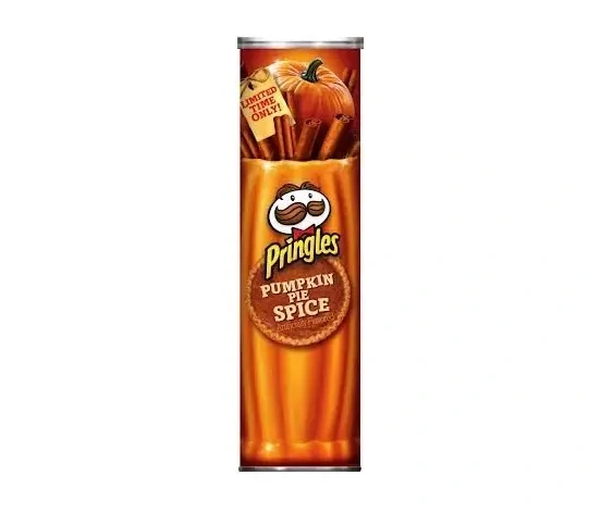 Pringles can with “Pumpkin Pie Spice” flavor, decorated with pumpkins, cinnamon sticks, and a “Limited Time Only!” label on the orange-themed packaging. Pumpkin spice products.