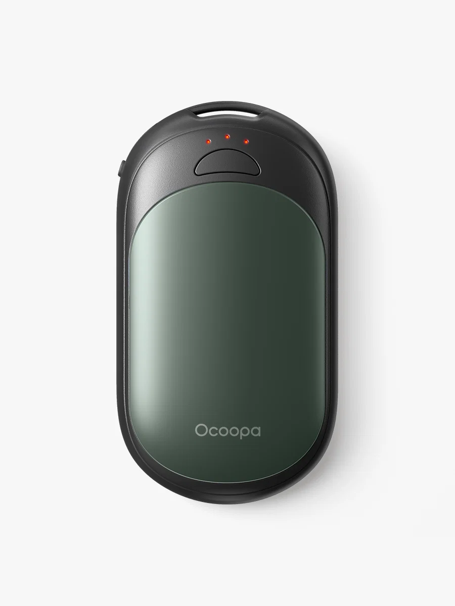 A dark green and black Ocoopa hand warmer with two small red indicator lights on top, displayed against a plain white background.
