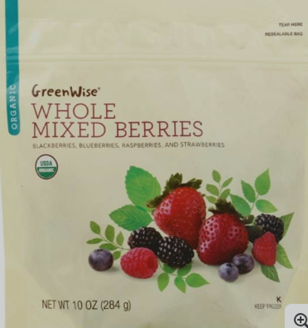 A bag of GreenWise Organic Whole Mixed Berries featuring images of strawberries, blueberries, raspberries, and blackberries on the front, with a net weight of 10 oz (284 g).