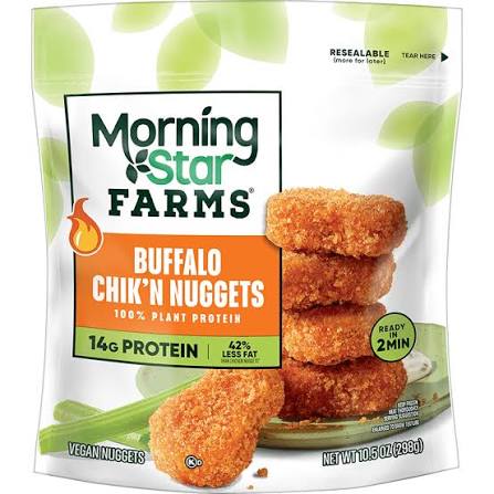A bag of MorningStar Farms Buffalo Chik’n Nuggets, featuring images of crispy nuggets, product details highlighting 14g protein, 42% less fat, vegan, ready in 2 minutes, and weighing 10.5 oz (298g).