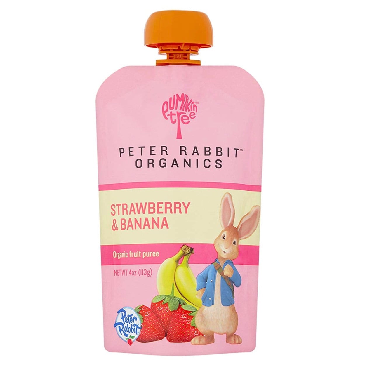 Pink pouch of Peter Rabbit Organics Strawberry & Banana fruit puree with images of a rabbit, strawberries, and bananas on the front. Orange cap on top.