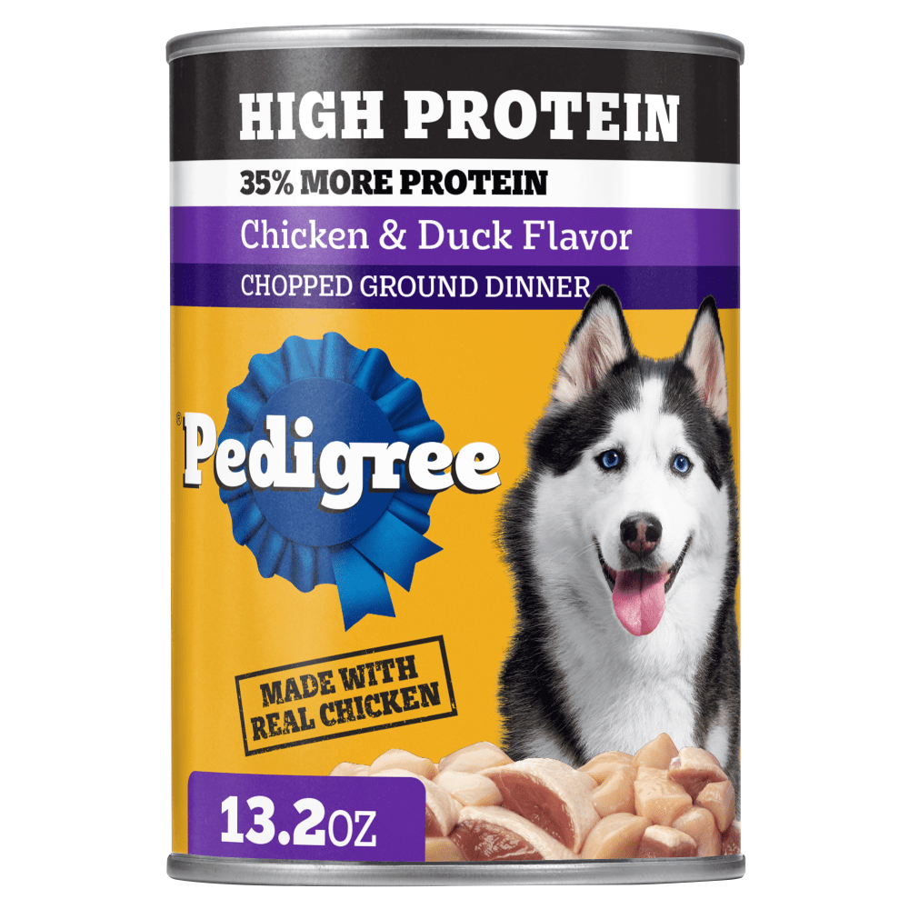 Can of Pedigree high protein chopped ground dinner, chicken and duck flavor, with a husky dog image. Yellow label highlights “35% more protein” and “made with real chicken.” Net weight is 13.2 oz.