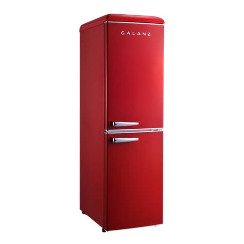 Product recalls 2026. A tall, red Galanz refrigerator with a retro design, featuring two chrome handles—one for the upper fridge section and one for the lower freezer section—set against a white background.