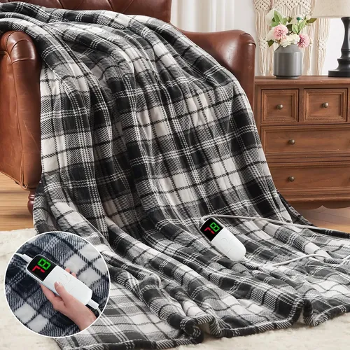 A black, white, and gray plaid electric blanket draped over a chair, with a digital controller displaying the number 79. An inset shows a close-up of the controller in a hand.