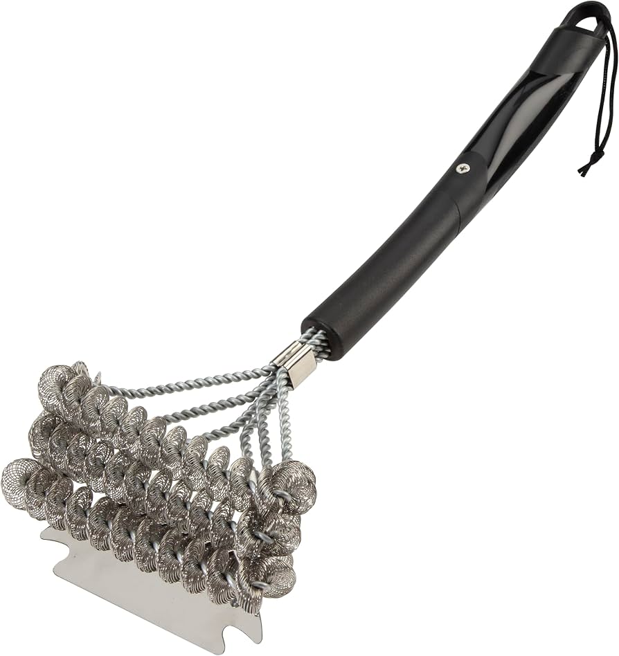 A grill brush with a black handle, metal bristles, and a scraper, designed for cleaning barbecue grills.