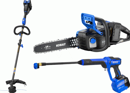 Three blue and black Kobalt power tools: a string trimmer, a chainsaw, and a power sprayer, displayed on a white background.