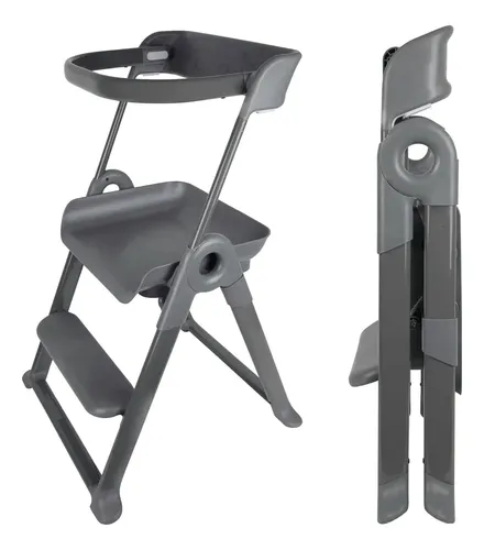 A gray folding high chair for children is shown open on the left and folded flat on the right, highlighting its compact, space-saving design.