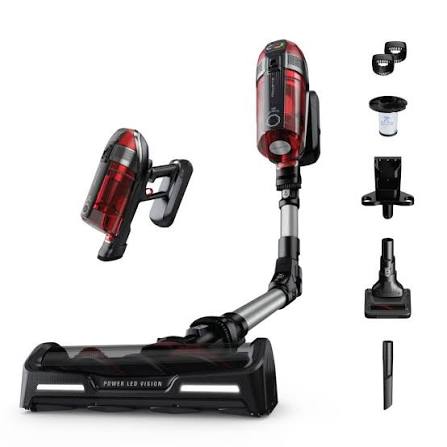 Cordless stick vacuum cleaner with a detachable handheld unit, several attachments, and a filter, all displayed on a white background. The main body is black and red with a flexible joint in the stick.