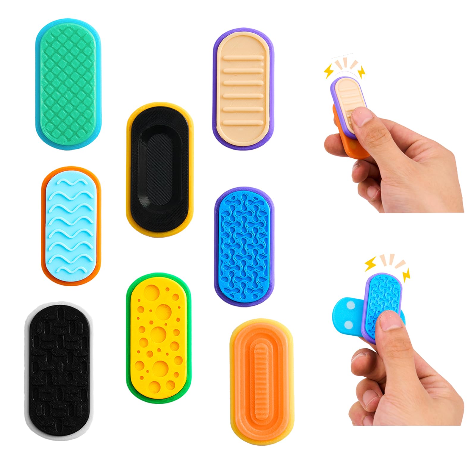 Nine colorful, textured fidget sliders are shown. Two hands demonstrate sliding motion on two of them, with motion lines indicating movement. Each fidget has a distinct shape, color, and surface pattern.
