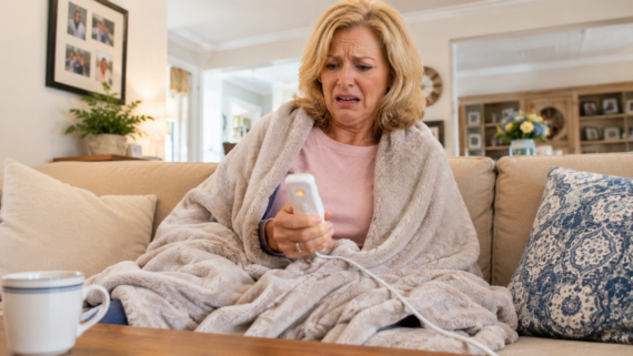 A woman wrapped in a blanket sits on a couch, looking confused or upset while holding a remote control, perhaps after hearing news about product recalls 2026. A mug is on the table in front of her, and the room looks cozy and well-decorated.