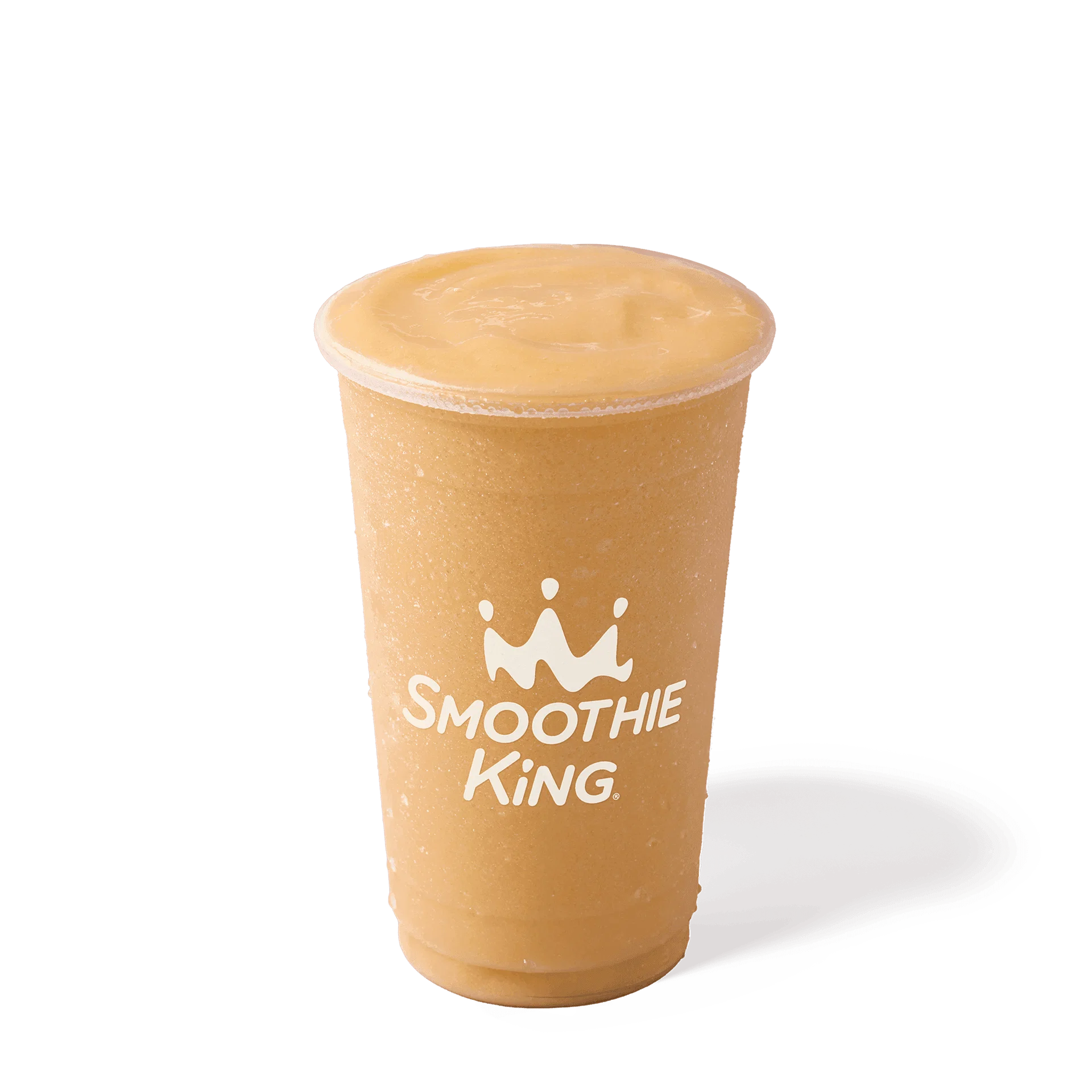 A large orange smoothie in a clear cup with the Smoothie King logo on it, placed on a white background.
