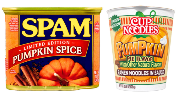 A can of pumpkin spice Spam and a cup of pumpkin pie flavor Cup Noodles, both labeled as limited edition, showcase the creative flair of seasonal pumpkin spice products.