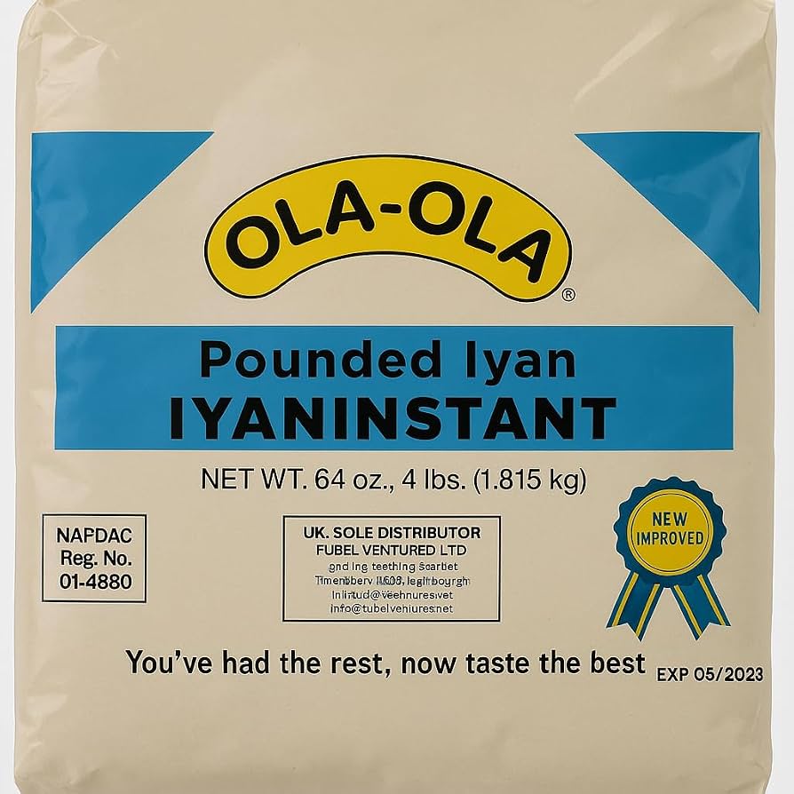 A beige bag of OLA-OLA Pounded Iyan IYANINSTANT, 64 oz. (4 lbs.), with blue accents, “New Improved” badge, and the slogan “You’ve had the rest, now taste the best.” Expiry date: 05/2023.