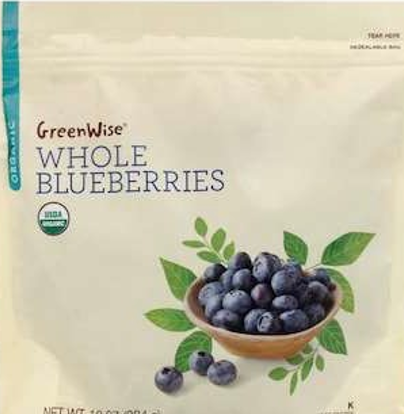 A bag of GreenWise Organic Whole Blueberries featuring an image of a wooden bowl filled with blueberries and green leaves on the packaging.