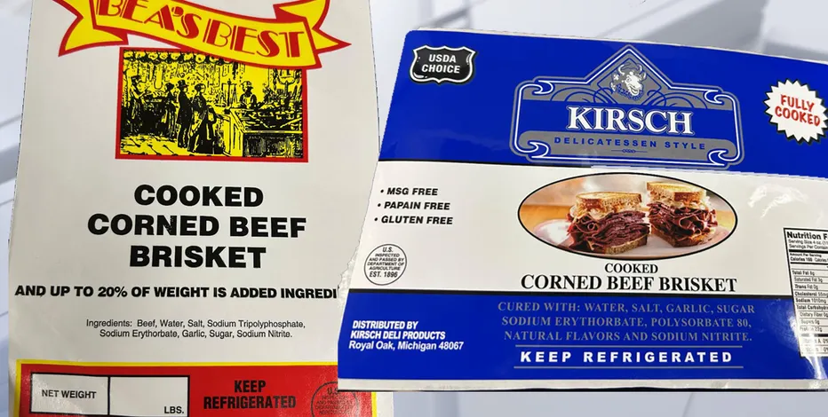 Two packages of cooked corned beef brisket are shown: BEA’S BEST on the left with a yellow and red design, and KIRSCH on the right with a blue design, both labeled “keep refrigerated.”