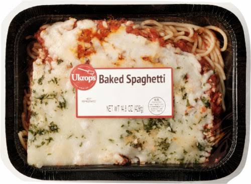 A plastic tray of Ukrop’s Baked Spaghetti topped with melted cheese and herbs, sealed with a clear lid and labeled on top. Food recalls 2026.