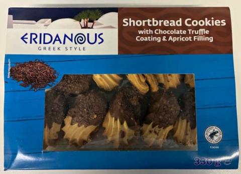 A blue box of Eridanous Greek Style Shortbread Cookies with chocolate truffle coating and apricot filling. The cookies are visible through a clear window on the box.