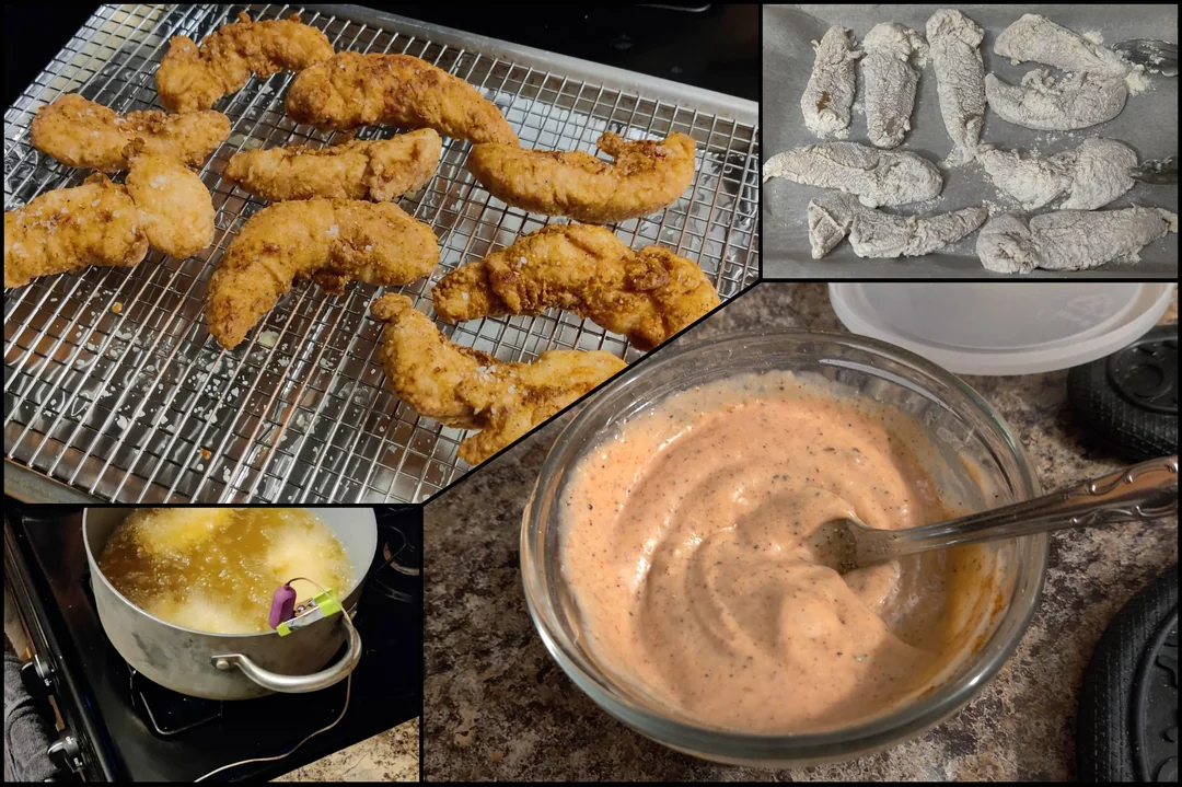 A collage showing raw, breaded chicken strips, frying in oil, cooling on a rack, and a bowl of creamy dipping sauce with a spoon on a kitchen counter.