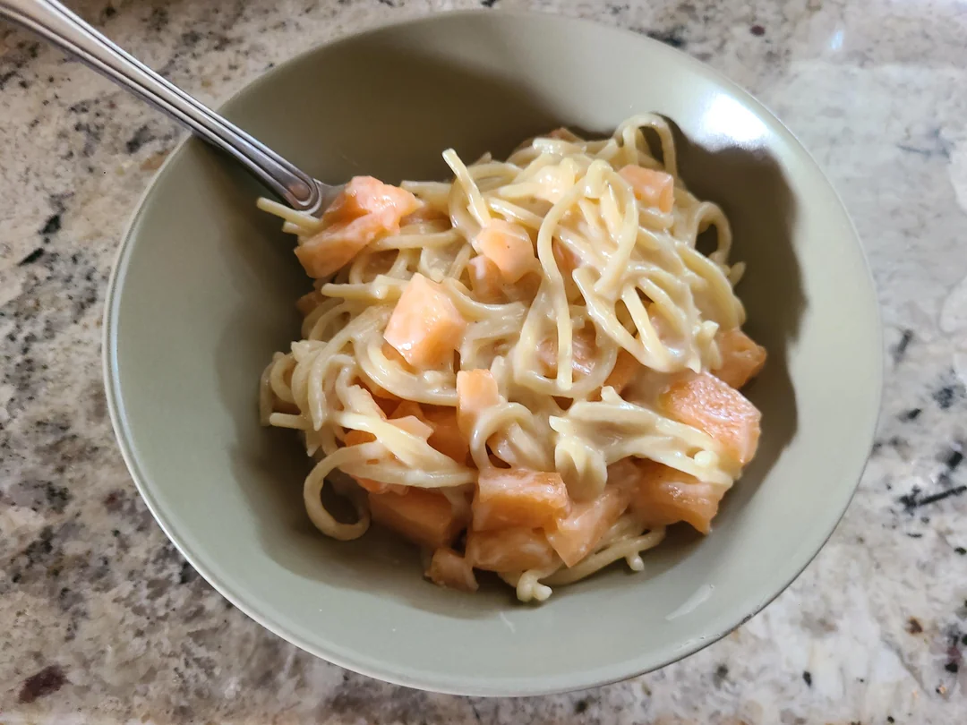 A bowl of creamy pasta with chunks of orange salmon, served with a fork, sits on a light-colored granite countertop.