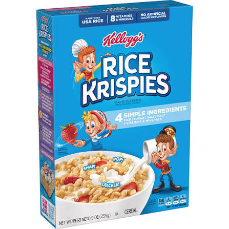 A blue box of Kellogg’s Rice Krispies cereal featuring cartoon mascots Snap, Crackle, and Pop next to a bowl of cereal with milk and strawberries. The box highlights simple ingredients and nutritional info.