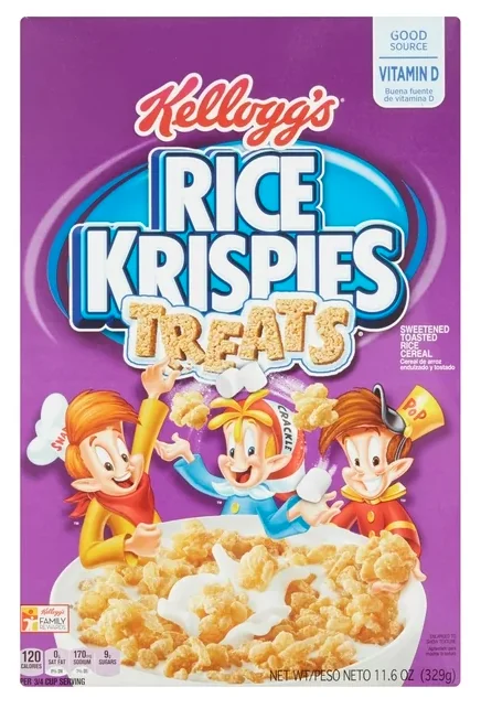 Box of Kellogg’s Rice Krispies Treats cereal featuring Snap, Crackle, and Pop cartoon mascots, with a bowl of cereal in milk at the bottom. The box is mostly purple with blue and yellow accents.