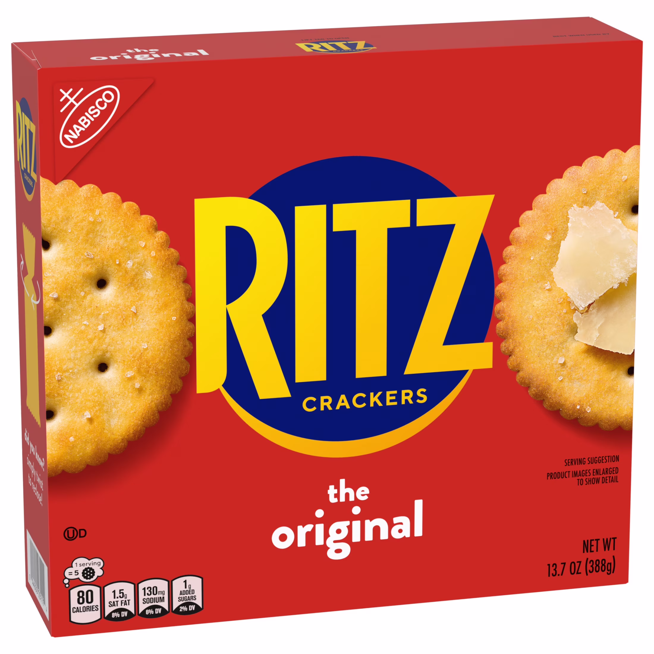 A red box of Ritz Crackers featuring the Ritz logo, images of round crackers, and text stating “the original.” The box displays nutrition facts and a small Nabisco logo in the corner.