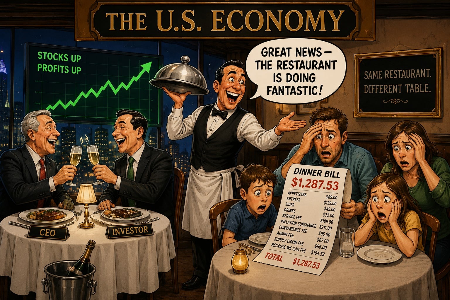 CEOs celebrate a strong U.S. economy while a family struggles with an expensive dinner bill