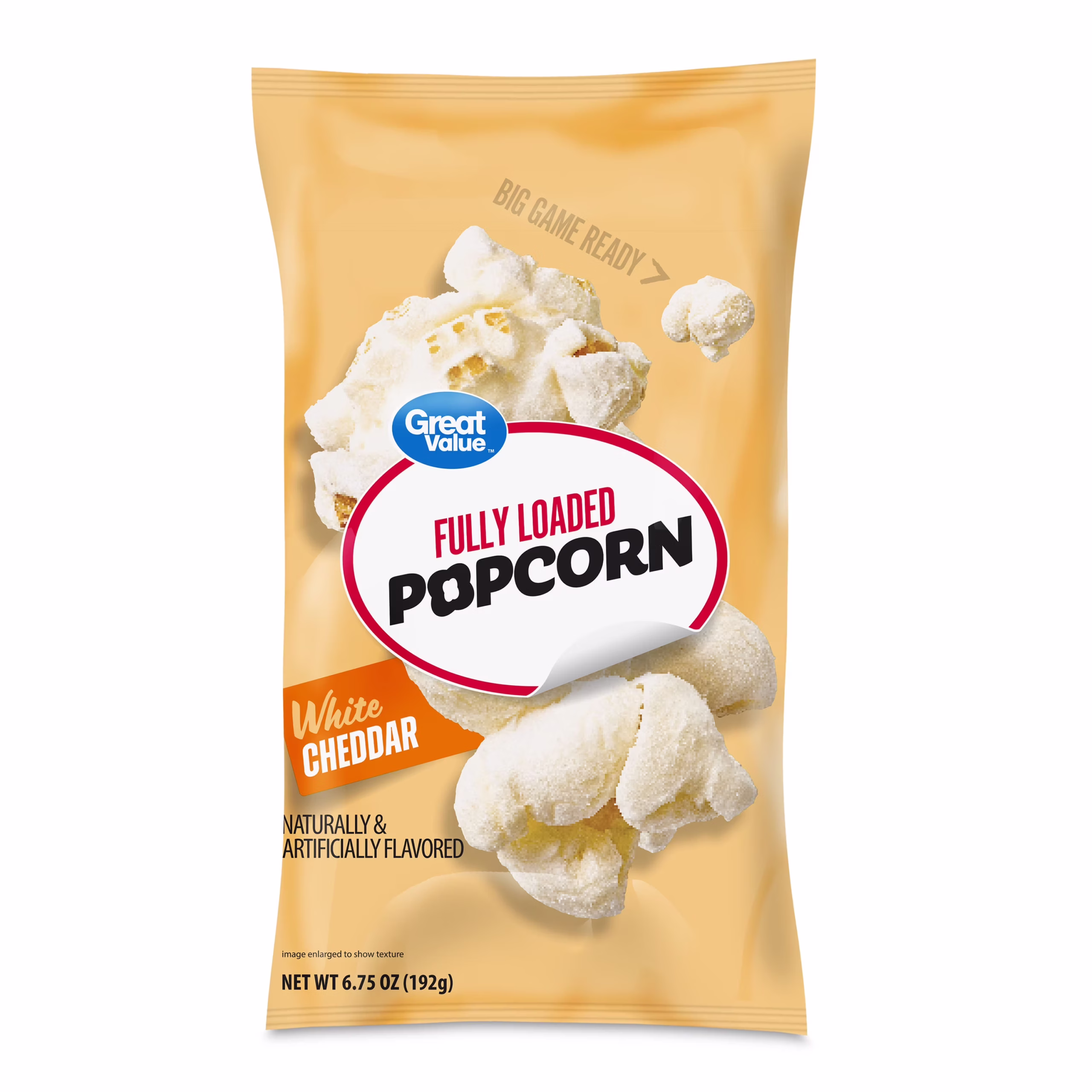 A yellow bag of Great Value Fully Loaded Popcorn, White Cheddar flavor, with images of popcorn on the front. The bag is 6.75 oz (192g) and labeled as naturally and artificially flavored.